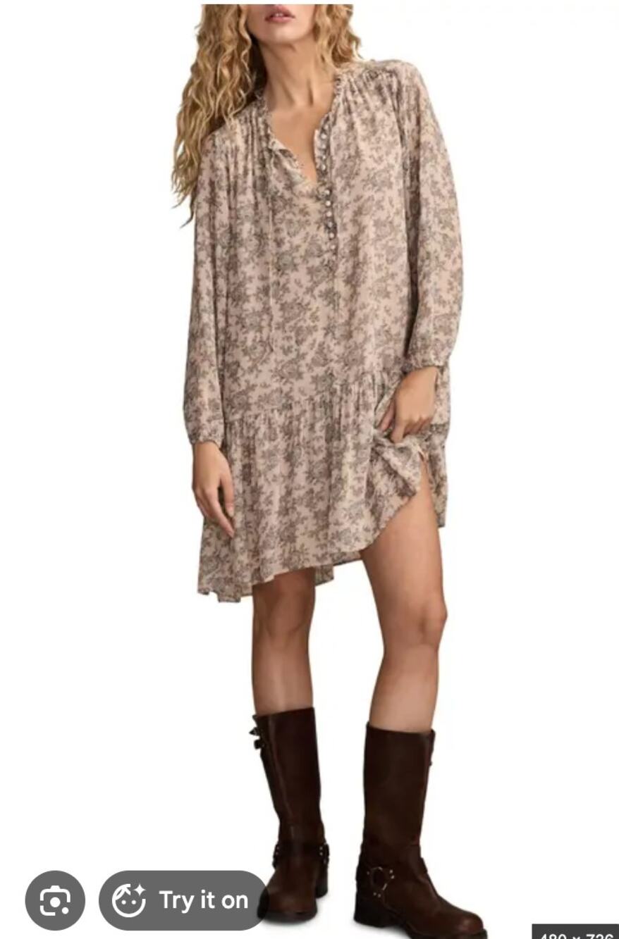 Lucky Brand Blue Gray Floral Ruffle Mini Dress XS NWT Boho Oversized